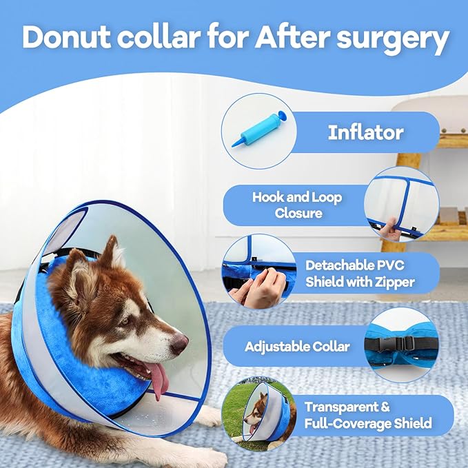 2-in-1 Upgraded Inflatable Dog Cone Collar with Detachable Anti-Licking Shield, Soft Adjustable Elizabethan Collar for Dogs After Surgery (L, Blue)