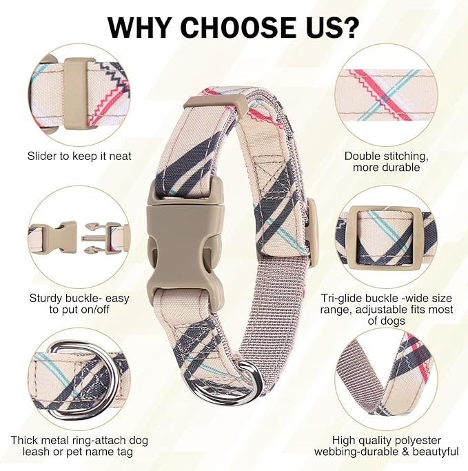Dog Collar and Leash Set for Medium Dogs, Adjustable Soft Puppy Collar with Quick Release Buckle, 5FT Heavy Duty Nylon Matching Leash for Boy Girl Chihuahua, Yorki, Bulldog, Beige M
