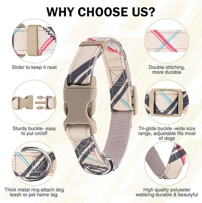 Dog Collar and Leash Set for Medium Dogs, Adjustable Soft Puppy Collar with Quick Release Buckle, 5FT Heavy Duty Nylon Matching Leash for Boy Girl Chihuahua, Yorki, Bulldog, Beige M