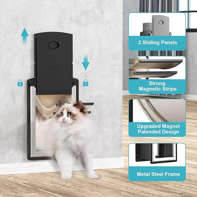 ClawJaw Doggy Door for Wall, Metal Frame and Telescopic Tunnel Pet Door, Double-Sided Wind Deflector and Magnetic Flaps, Easy to Install, Black (Pets Up to 40 Lb)-Medium