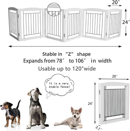ZJSF Freestanding Foldable Dog Gate Wooden Extra Wide White Puppy Gate 6 Panels Tall Pet Gates for The House Dog Fence