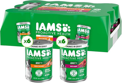 IAMS Proactive Health Wet Dog Food Adult, Canned Dog Food, Chicken Chunks in Gravy and Beef Chunks in Gravy, 13 oz. Cans, Pack of 12