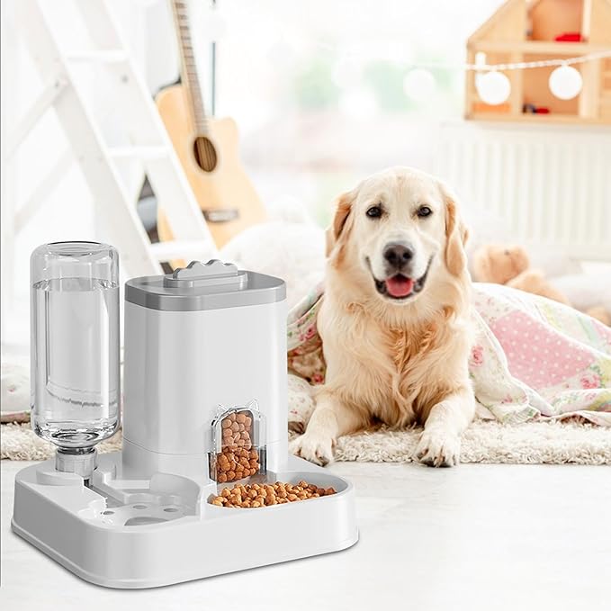 Automatic Dog Cat Feeder and Water Dispenser Combo, 10L Large Capacity Pet Food and Water Station with Integrated Bowl for Multiple Pets (Gray)