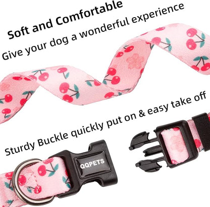 QQPETS Adjustable Soft Dog Collar: Print Flower Pink Multicolor Cute Patterns for XS Small Medium Large Pet Girl Boy Puppy Walking Running Training (L, Sakura Pink)