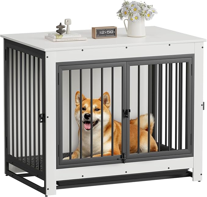 Derfullo Dog Crate Furniture, 38 Inch Indoor Dog Kennel for Medium Dogs Up to 50 LBS, Heavy Duty Wooden Pet Cage End Table with 3 Doors, Alloy Steel Frame & Removable Tray