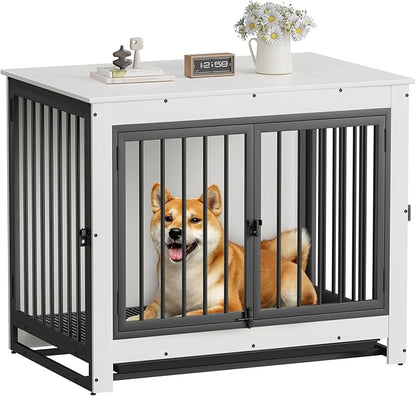 Derfullo Dog Crate Furniture, 38 Inch Indoor Dog Kennel for Medium Dogs Up to 50 LBS, Heavy Duty Wooden Pet Cage End Table with 3 Doors, Alloy Steel Frame & Removable Tray