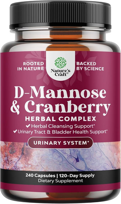 D Mannose with Cranberry Supplement - D Mannose 1000mg per Serving Capsules for Kidney Defense Support & Cleanse and Urinary Tract Health for Women & Men - Adults Bladder Health Supplement - 240 Count