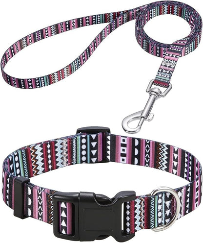 Mihqy Dog Collar and Leash Set with Bohemia Floral Tribal Geometric Patterns - Soft Ethnic Style Collar Adjustable for Small Medium Large Dogs(Bohemian Purple Set,M)