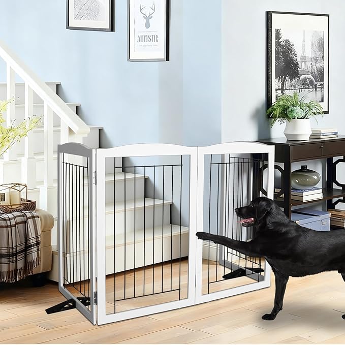 ZJSF Freestanding Dog Fence Indoor, Foldable Dog Gate for Doorways, Stairs or Hallways, Sturdy Wood Extra Wide Pet Gate with Support Feet for The House, White, 32 "Height-3 Panels