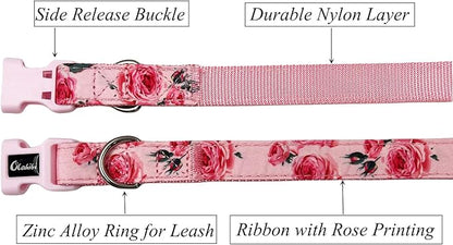 Dog Collar Leash Set, Floral Pattern, Nylon Webbing Plus Cotton Ribbon, 5ft Matching Leash, for Medium Dogs.(M, Pink Rose)