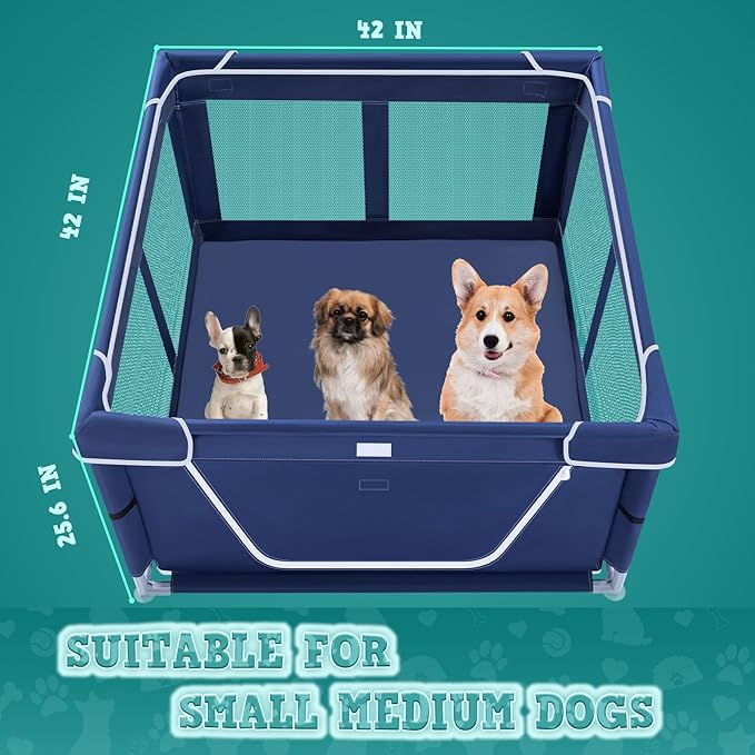 XVISHX 42x42 Inches Puppy Playpen with Gate, Dog Playpen for Puppies or Small Dogs, DogFence Pet Playpen for Indoor & Outdoor, Sturdy Safety DogPen with Thickened Fabric, High-Strength Nylon Wire Mesh