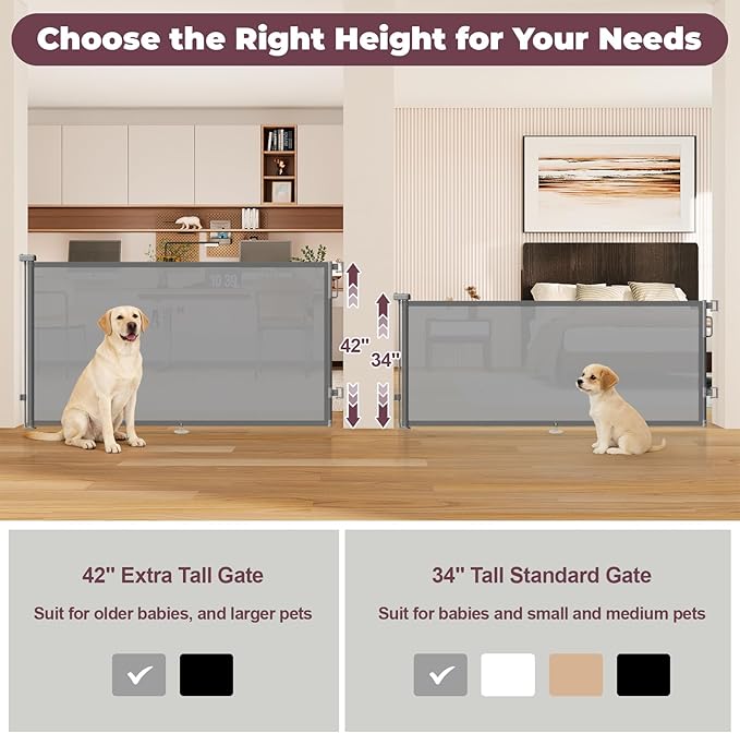 42" Extra Tall Retractable Baby Gates for Stairs, 76" Wide Dog Gate Indoor Outdoor for Doorways Deck Kitchen, Long Mesh Safety Gate for Child Toddler, Prevent Pet from Jumping Over, Grey