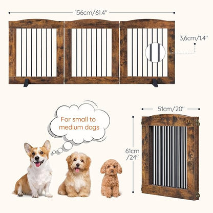 HOOBRO Indoor Dog Gate with Support Feet, Freestanding Pet Gate for Doorway, Stairs, 24 Inch 3 Panels, Folding Dog Fence, 360° Hinge for Easy Access, Sturdy Iron Pipe, Rustic Brown BF05PP03