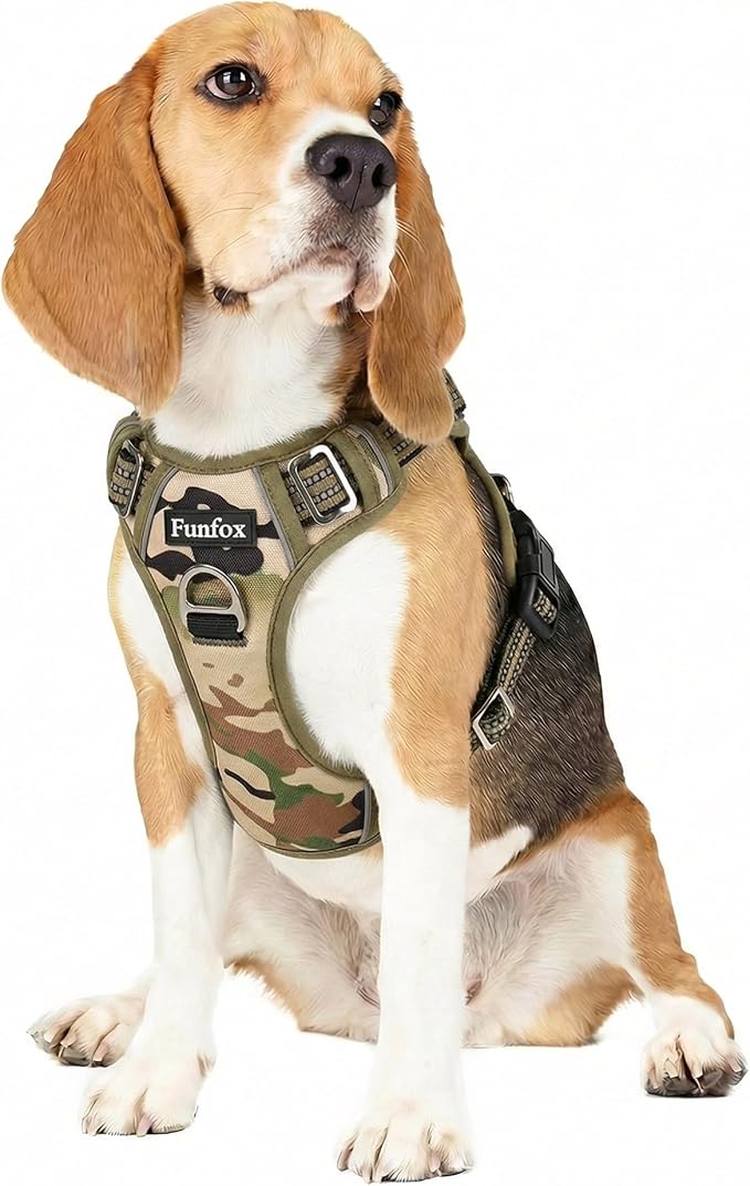 Funfox Dog Harness No Pull, Adjustable Pet Vest Harness, Super Soft Material with Vertical Handle Easy Control, Reflective Night Walking, 2 Leash Clips for Medium Sized Dogs, Camo Green, M