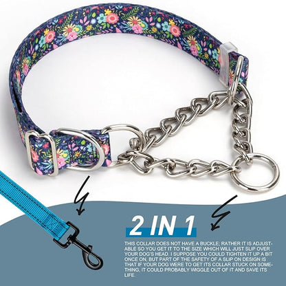Martingale Collar for Dogs with Chain,Adjustable Nylon Floral Slip No Pull Training Dog Collars for Medium, Large & XL Dogs(Floral M)