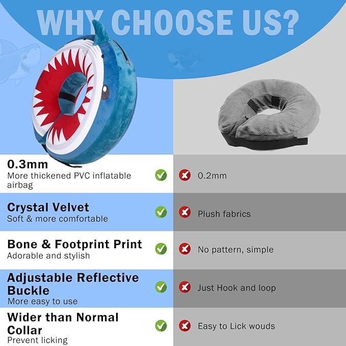 SCENEREAL Dog Cone Alternative After Surgery Pet Recovery Collar for Small Medium Large Dogs Cats, Adjustable Inflatable Donut to Prevent Licking, Shark Print E-Collars S