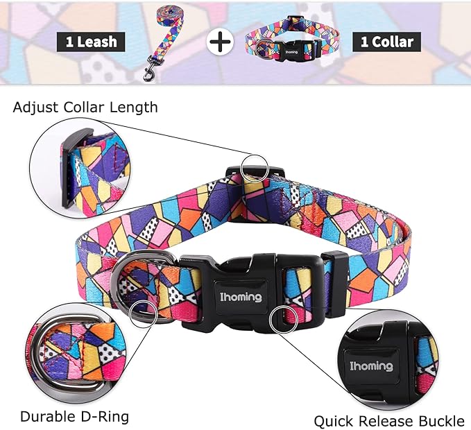 Ihoming Dog Collar and Leash Set for Daily Outdoor Walking Running Training, Geometric Design for Small Boys Girls Dogs Cats Pets, S-Up to 20LBS