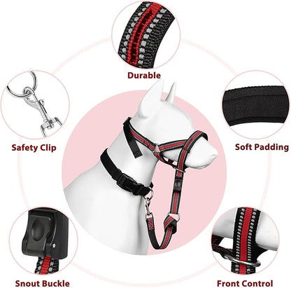 BARKLESS Soft Dog Head Collar, Patented Padded No Pull Head Halter, Training Nose Leash with Safety Link for Medium Large Dogs, Adjustable Muzzle Leash, Easy Control for Walking (L, Red)