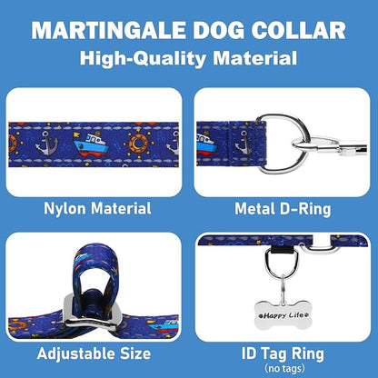 Reflective Martingale Collar for Dogs Nylon Training Collar with No Buckle, No Pull Boy Male Dog Collar for Small Dogs（Navy Blue Sailboat，S）