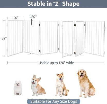 Metal Freestanding Dog Gates with Door for Outdoor Indoor,120'' Extra Wide 32'' Tall Free Standing Dog Gate for Doorways,Large Openings,Deck,Yard,Porch,Foldable Pet Fence(White,6 Panels)