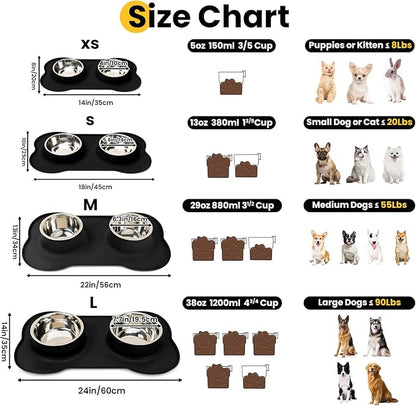 Conlun Dog Bowls with Silicone Feeding Mat, No Spill Food Water Dish Set, Dishwasher Safe, 2 Stainless Steel Puppy Bowls, Suitable for Tiny Dogs Kittens Cats Rabbits Pets under 8lbs, Extra Small,Black