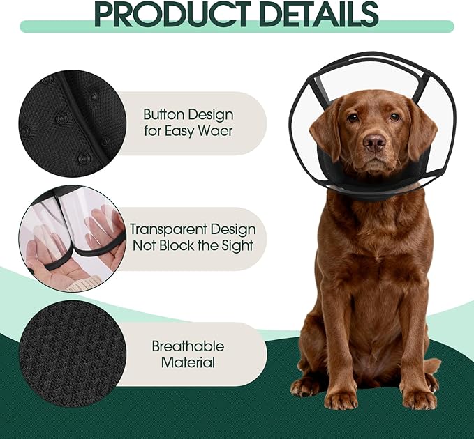 Kuoser Large Dog Cone Collar After Surgery, Soft Cone for Dogs to Stop Licking, Breathable Pet Recovery Collar Comfortable Elizabethan Collars, Adjustable Protective Dog Cones for Large Dogs, Black L