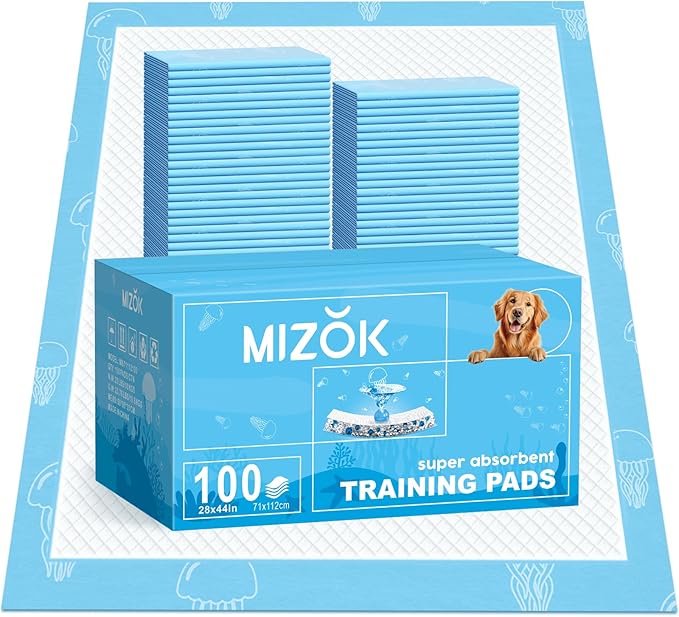 MIZOK Dog Pee Pads 28x44in Dog Pads XXL Super Absorbent Up to 12 Cups Marine Scented Odor-Control Pee Pads with Jellyfish Pattern, Quick Dry & Leak-Proof (100 Counts)