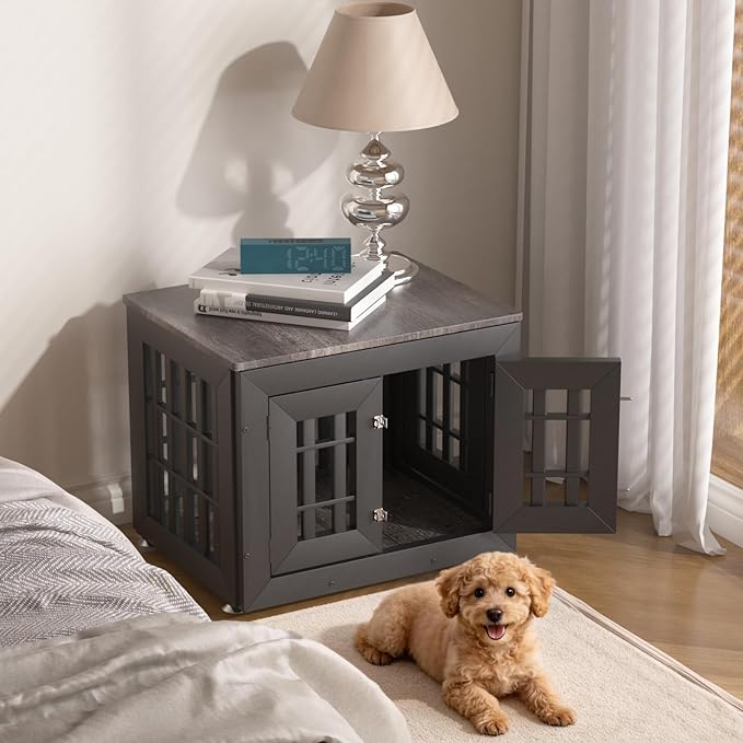 Snuowu 26" Heavy Duty Dog Crate Furniture for Small,Medium and Large Dogs,Rustic Wooden Dog Cage Kennel Indoor Furniture with Waterproof Top,Decorative Pet House Side End Table (Black & Grey)