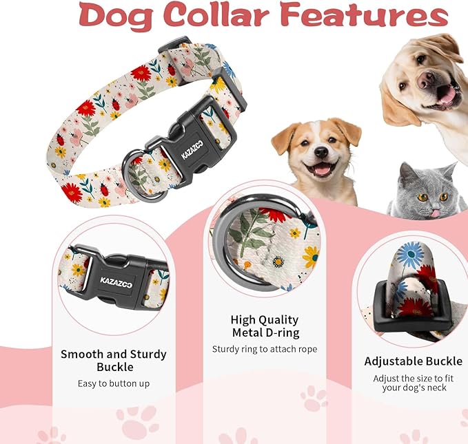 Kazazoo Dog Collar Cute and Soft Nylon Puppy Collar for Boy and Girl, Adjustable Dog Collars for Small Medium Dogs, Ladybugs and Flowers-XS