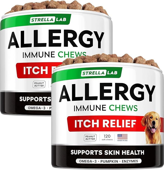 StrellaLab Dog Allergy Relief & Anti Itch Support Chews w/Omega 3: Real Ingredients, Real Taste! Skin & Coat Immune Supplement w/Fish Oil, Pumpkin & Enzymes - Made in USA - 240 Chews