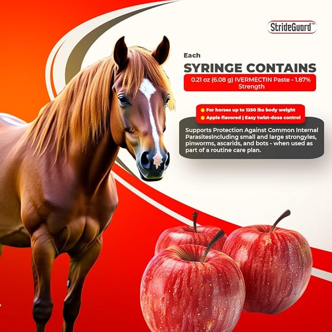 Horse Ivermectin Paste 1.87% – Apple Flavored Oral Horse Dewormer Syringe – 6.08g Tube Treats Horses Up to 1250 LB [Pack-3]