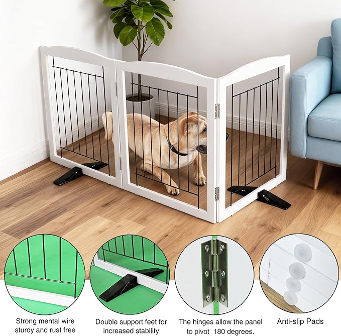 ZJSF Freestanding Dog Fence Indoor, Foldable Dog Gate for Doorways, Stairs or Hallways, Sturdy Wood Extra Wide Pet Gate with Support Feet for The House, White, 32 "Height-3 Panels
