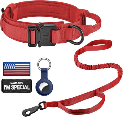 DAGANXI Tactical Dog Collar, Adjustable Military Training Nylon Dog Collar with Control Handle and Heavy Metal Buckle for Medium and Large Dogs, with Patches and Airtags Case (Red-Set, M)