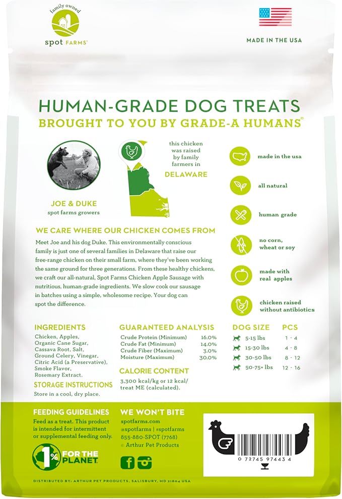 spot farms Chicken Apple Sausage Healthy All Natural Dog Treats Human Grade Made in USA 12.5 oz (Pack of 2)