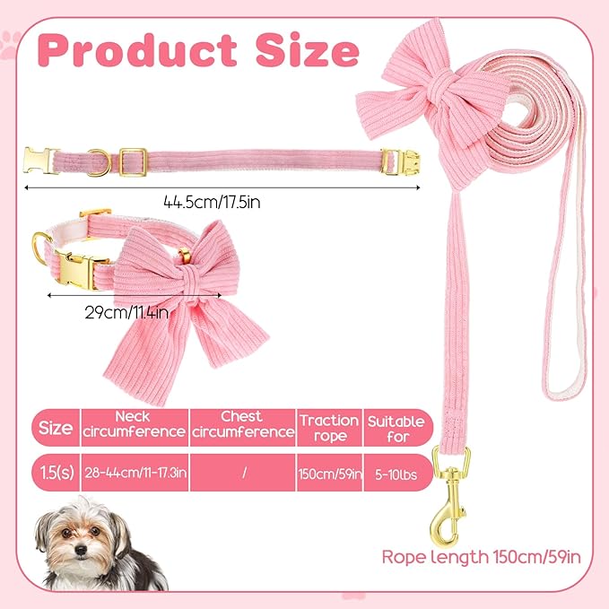 Dog Collar and Leash Set with Bowtie, Pink Cute Girl Dog Collars Bow Metal Buckle Adjustable Corduroy Dogs Collar 10‘’-16‘’for Small Medium Puppy Dogs with 5 FT Leash Pink S