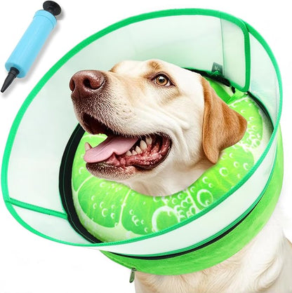 Upgraded Inflatable Dog Cone Collar with Transparent Anti-Licking Shield, Adjustable Elizabethan Collar for Medium Large Dogs, 2-in-1 Design with Detachable Shield and Soft Padding (XL, Lime)
