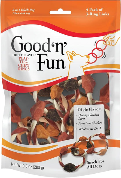 Good ’n’ Fun Triple Flavor Play-Tug-Chew Rings 4 Count, Snack For All Dogs