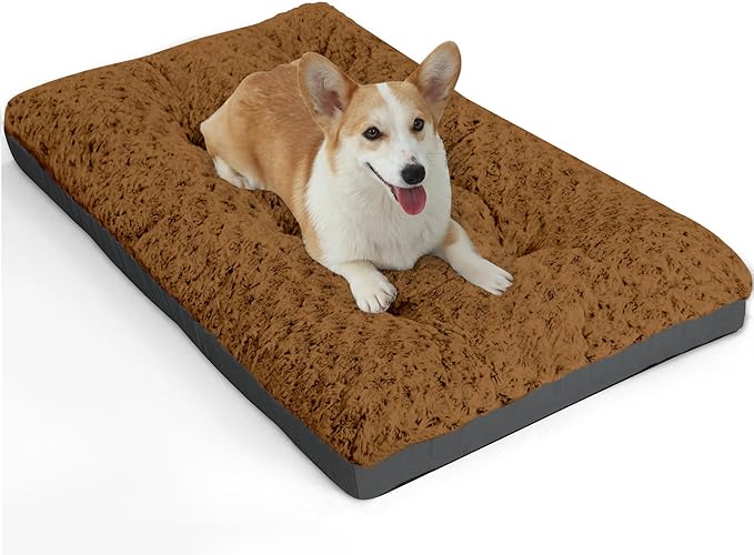 POCBLUE Dog Bed Medium Sized Dog, Washable Plush Pet Bed for Crate, Anti-Slip Pet Mat for Cages, Comfy Crate Pad for Outdoor/Indoor/Car Use, Soft Kennel Pad for Dogs Up to 40 lbs, 29"x19", Brown