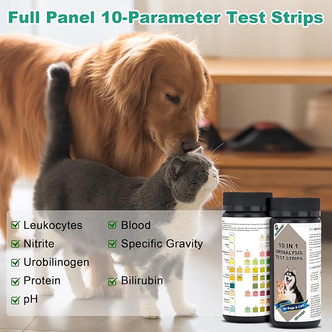 Urine Test Strips for Dogs Cats - 100 Counts Urinalysis Test Strips for Pets 10 in 1 Testing Protein Blood Leukocytes pH Nitrite and More Dog Cat Test Kit for Pets