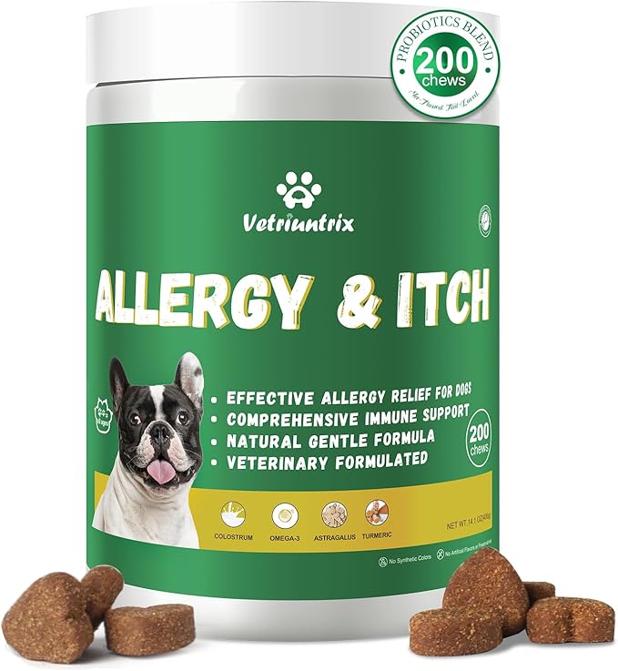 Dog Allergy Chews 200ct, Dog Allergy Relief Chews Coat Supplement for Itchy Skin Paw Licking, Probiotics for Large Dogs with Colostrum Omega-3 Turmeric Immune Supplement