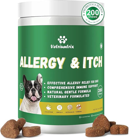 Dog Allergy Chews 200ct, Dog Allergy Relief Chews Coat Supplement for Itchy Skin Paw Licking, Probiotics for Large Dogs with Colostrum Omega-3 Turmeric Immune Supplement