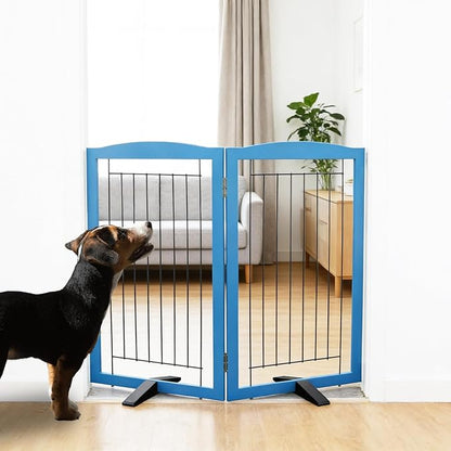 ZJSF Freestanding Dog Fence Indoor, Foldable Dog Gate for Doorways, Stairs or Hallways, Sturdy Wood Extra Wide Pet Gate with Support Feet for The House, Blue, 32 "Height-2 Panels