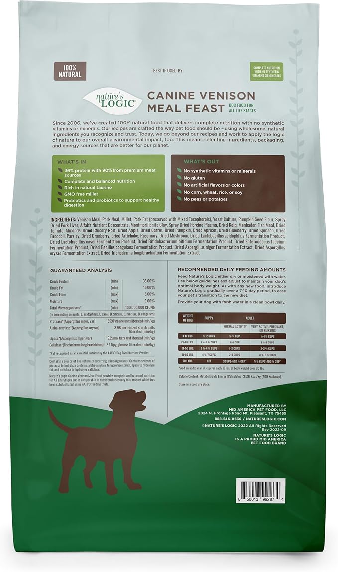 Nature's Logic Dry Dog Food - 100% Natural - No Synthetics - for All Ages, Sizes, Breeds - Free from Common Allergens, High Protein - Venison Meal Feast, 25lbs