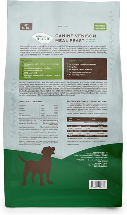 Nature's Logic Dry Dog Food - 100% Natural - No Synthetics - for All Ages, Sizes, Breeds - Free from Common Allergens, High Protein - Venison Meal Feast, 13lbs