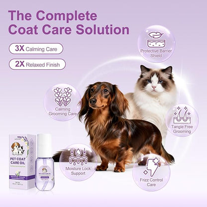 Pet Coat Care Oil, Lavender & Chamomile Extract | Smoothing Detangler with Easy Glide Grooming; Stress-Free Elixir for Sensitive Pets, Anti-Frizz Botanicals, Lick-Safe, Dogs Cats, 1.69 fl. oz