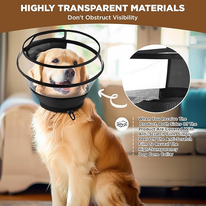 Soft Dog Cone for Dogs After Surgery,Transparent Breathable Dog Cone Collar for Small Large Medium Size Dog,Adjustable Depth Pet Recovery Collars,Elizabethan Collar for Dogs Stop Licking (Black-S)