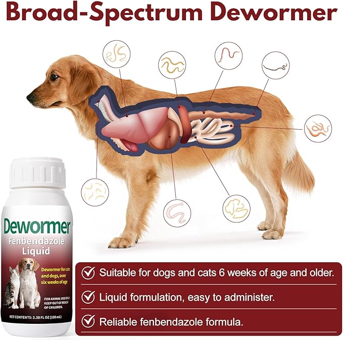 Liquid for Dogs & Cats – Fenbendazole for All Wormers, Tapeworms, Roundworms & Hookworms – Broad Spectrum, Safe for 6 Weeks and Older