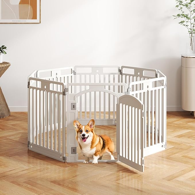 Giantex 8 Panel Dog Playpen, 32'' Tall Plastic Pet Fence with Lockable Door, Indoor Outdoor Portable Dog Exercise Pen for Medium Dogs, Configurable into Square, Rectangle or House-Shaped Layout