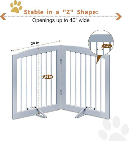 PUPETPO Freestanding Pet Gate for Dogs, Foldable Wooden Dog Gate for House, Indoor Pet Barrier for Stairs, Doorways, Support Feet Included, 24" Height 2 Panels, Grey