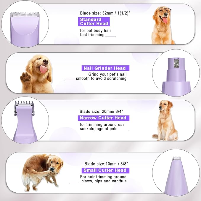 Veeconn Dog Grooming Clippers Kit-Electric Rechargeable Cat Trimmer Tools-Cordless Quiet Pet Nail Paw Grinder-4 in 1 Multifunctional Low Noise Shaver-Razor for feet Face Ears Toenail Eye